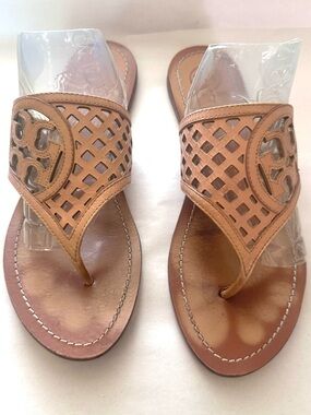 Tory Burch Tan Leather Cutout Thong Sandals